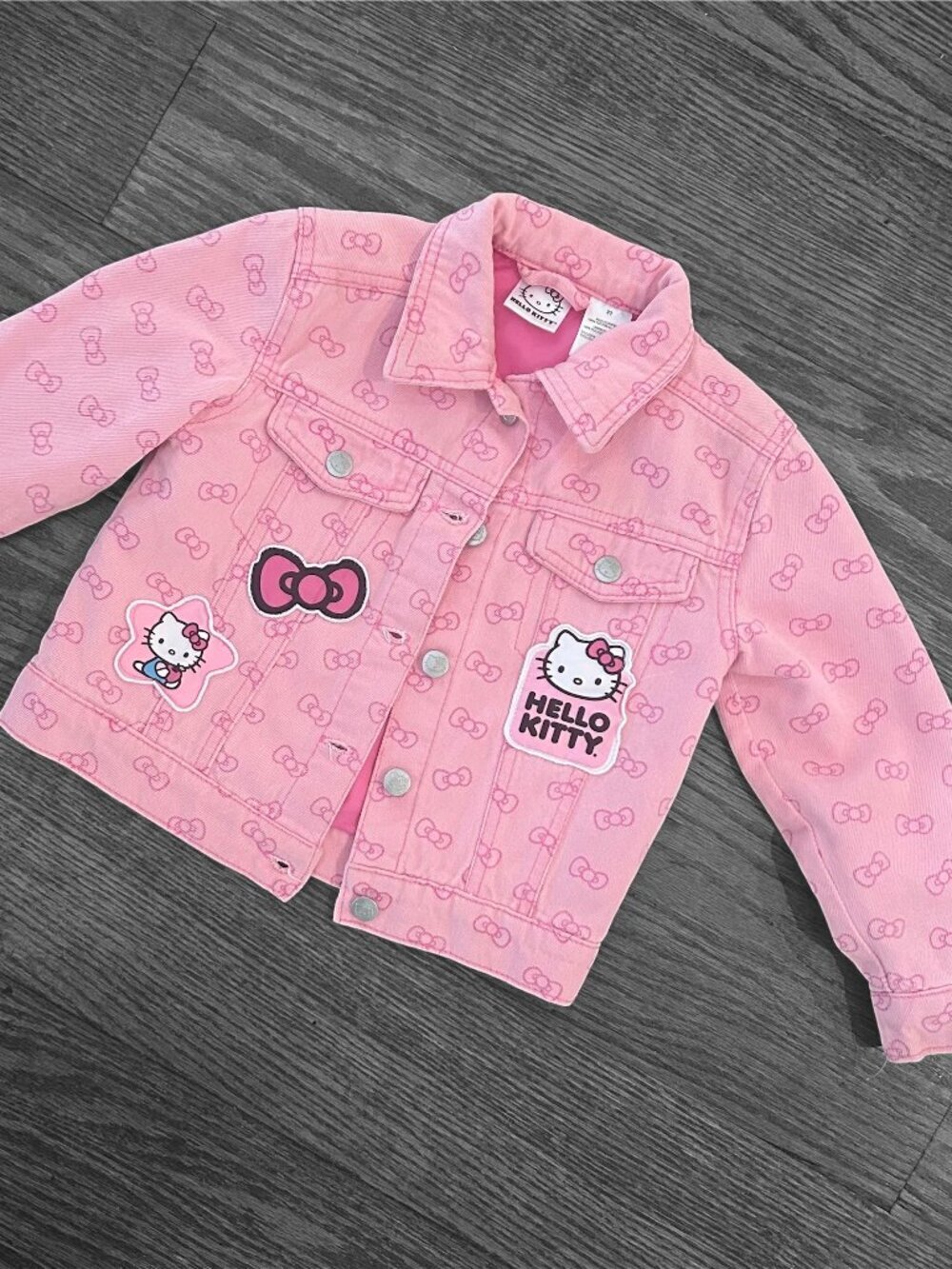 Hello Kitty Little Girls Size 3T Pink Denim Jacket Patches Pink Bows